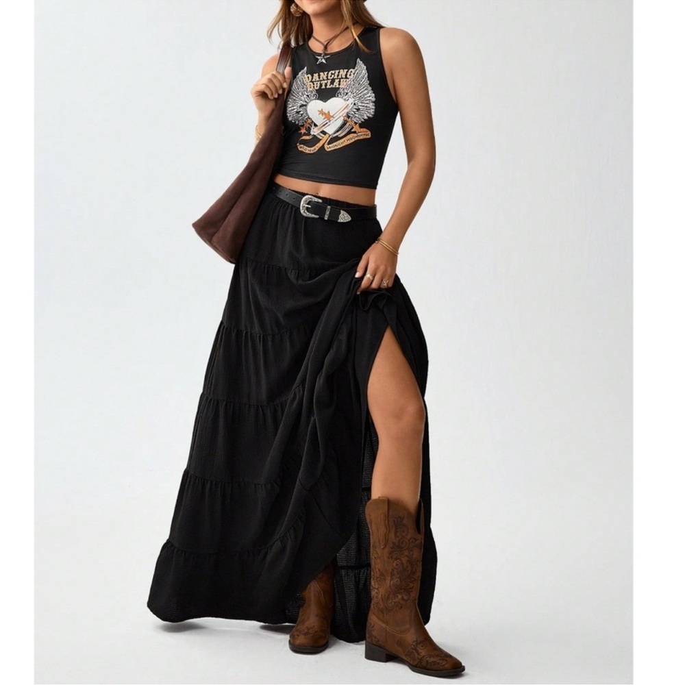 Boho Heart Print Graphic Tank Crop Maxi Skirt Set S M L XL